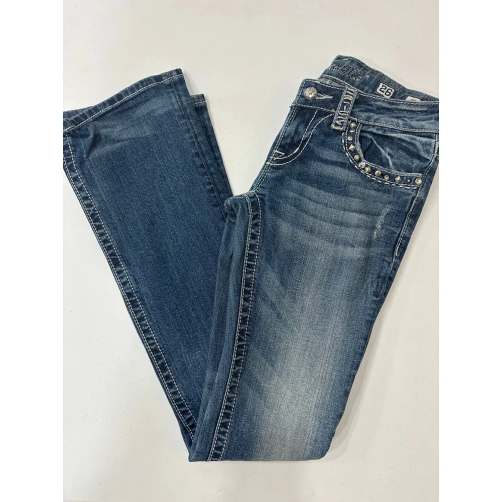 Women's Miss Me Jeans Size 26 Blue Denim Boot, Jewel Embellishments - Picture 8 of 13